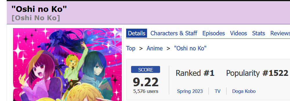 Oshi no Ko chega no topo do ranking do MyAnimeList