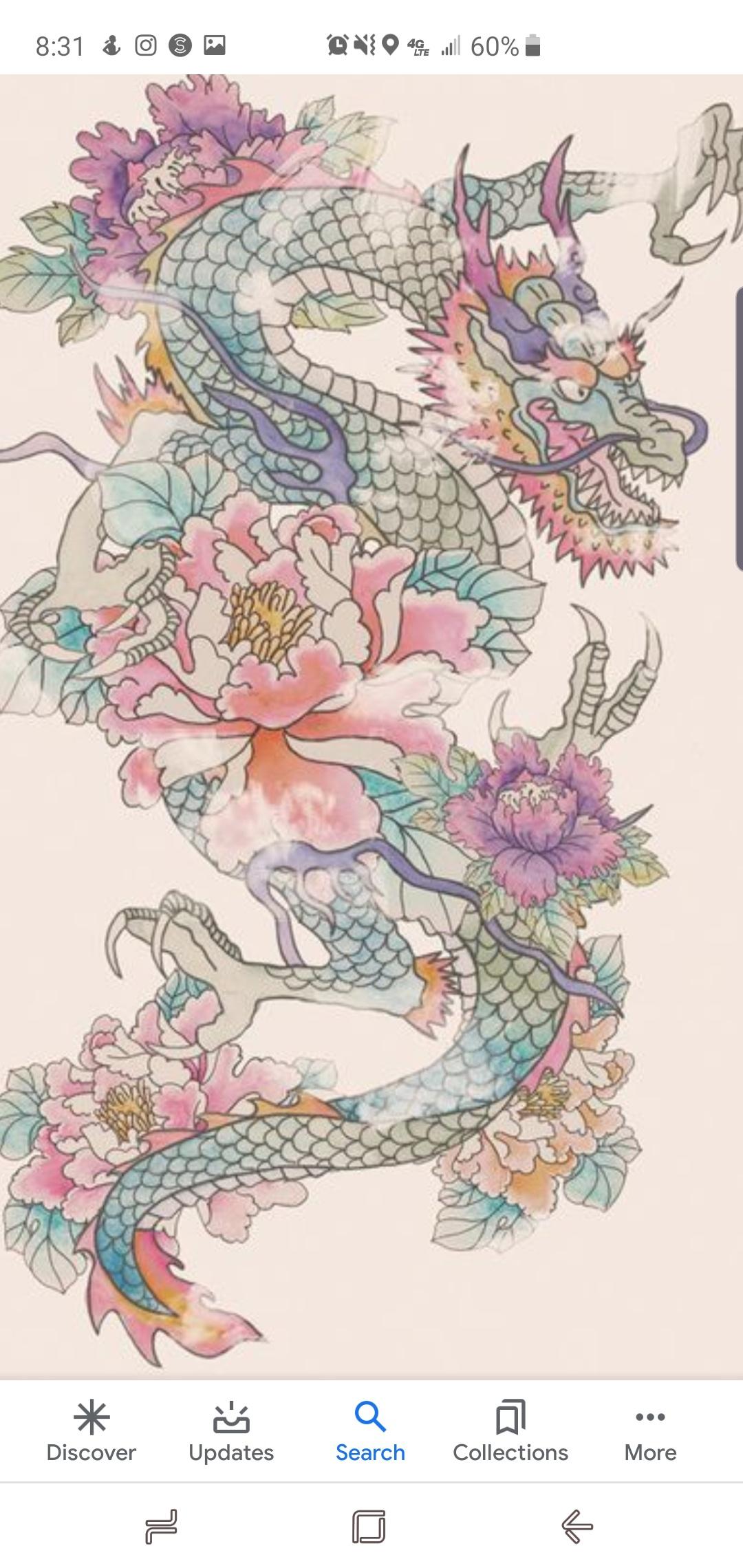 Японский дракон в цветах