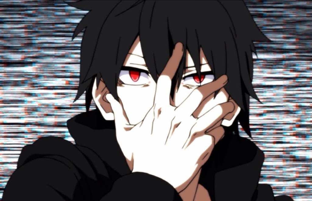 An Anime Character With Black Hair And Red Eyes In A