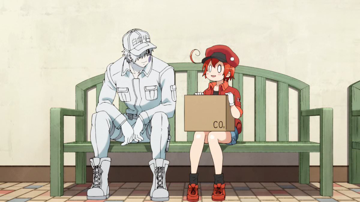 Just found about 'HATARAKU SAIBOU BLACK' , cells working in an unhealthy  body , a male rbc and a female wbc. - 9GAG