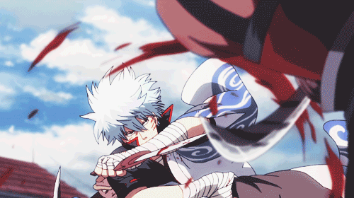 Gintoki Sakata slashing opponent in battle, Gintama Movie: Shinyaku Benizakura-hen