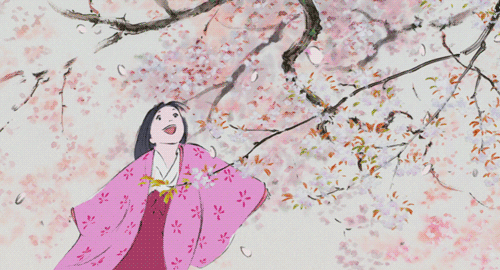 Kaguya-hime joyfull next to cherry blossom trees, The Tale of the Princess Kaguya