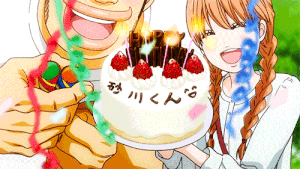 Scenes for a Happy Birthday Anime Style, Takeo Gouda and Rinko Yamato holding Makoto Sunkawa's birthday cake, Ore Monogatari!!