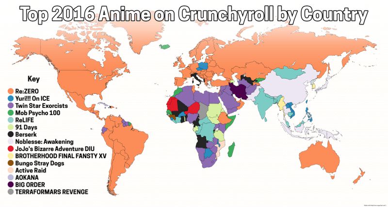 The number of anime available on Crunchyroll per country (2022