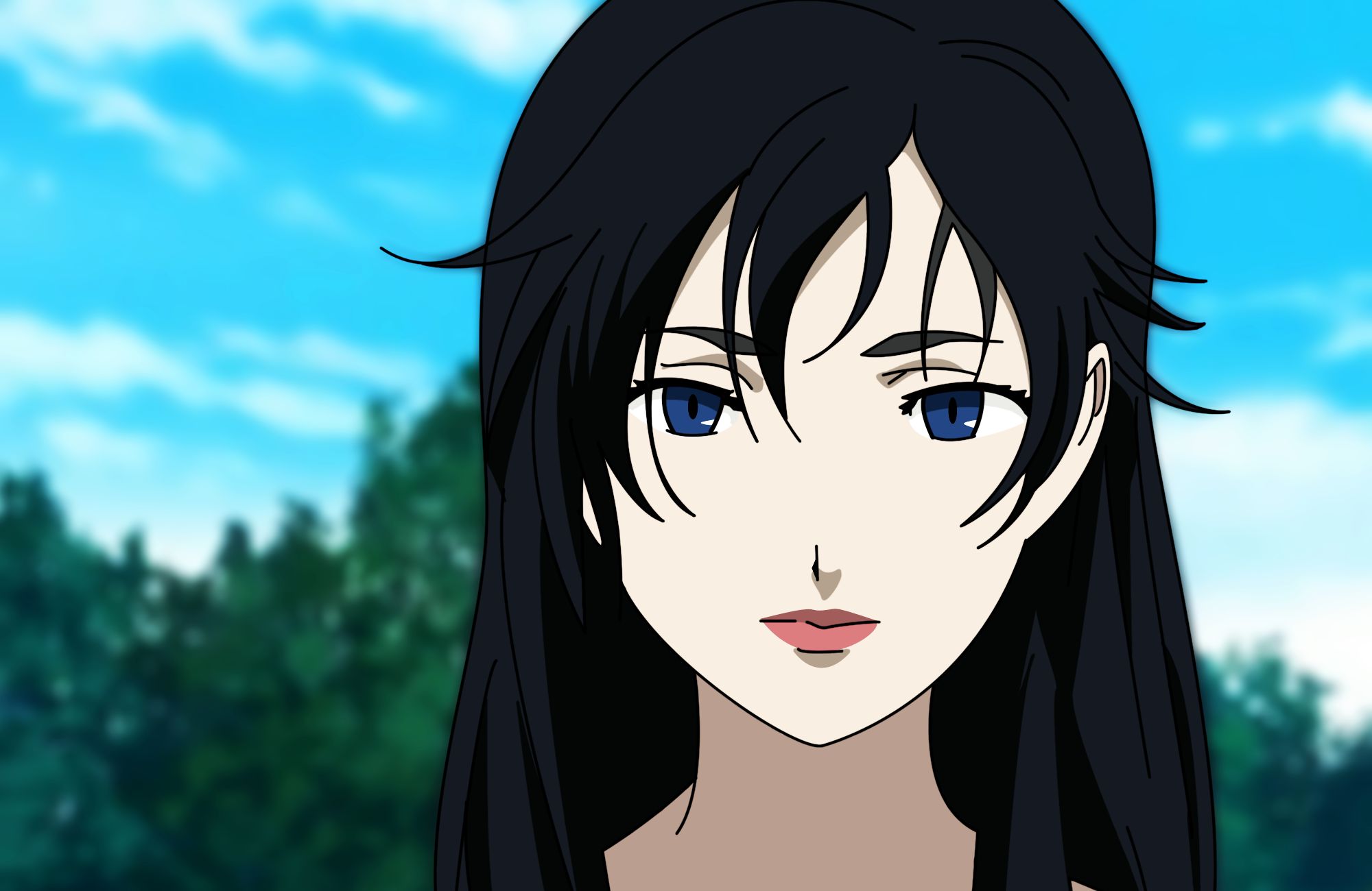 Eyes blue with and girl hair black 