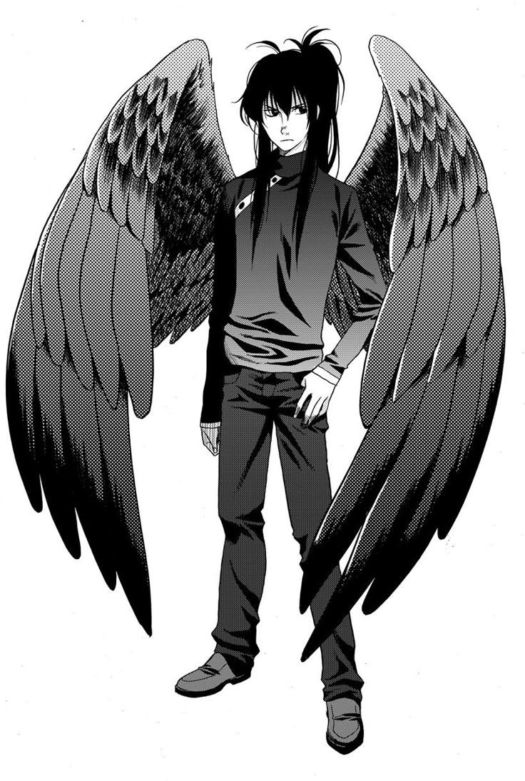 Anime boy, black wings, angel; Anime Guys